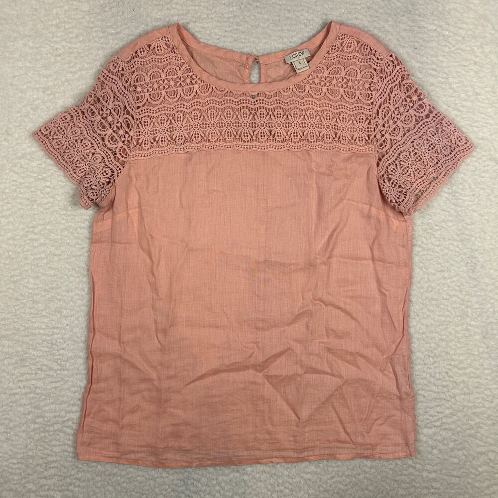 J Crew Size 4 Linen Blouse Lace Crochet Boho Chic Feminine Pastel Peach Pink